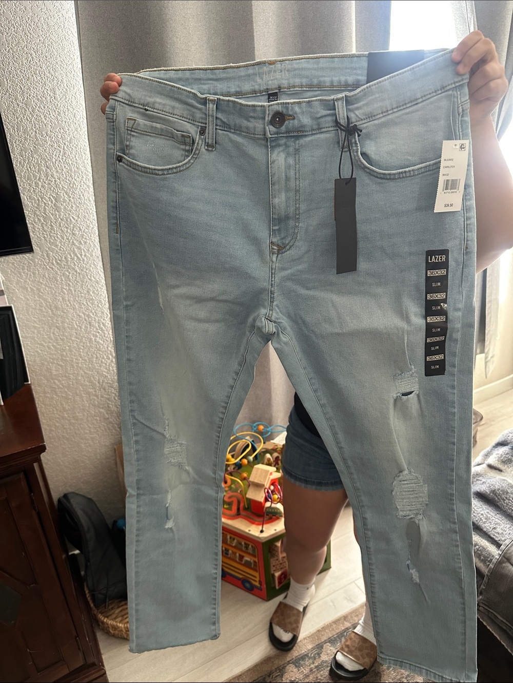 Slim Straight Light Blue Men’s Jeans - Distressed Finish